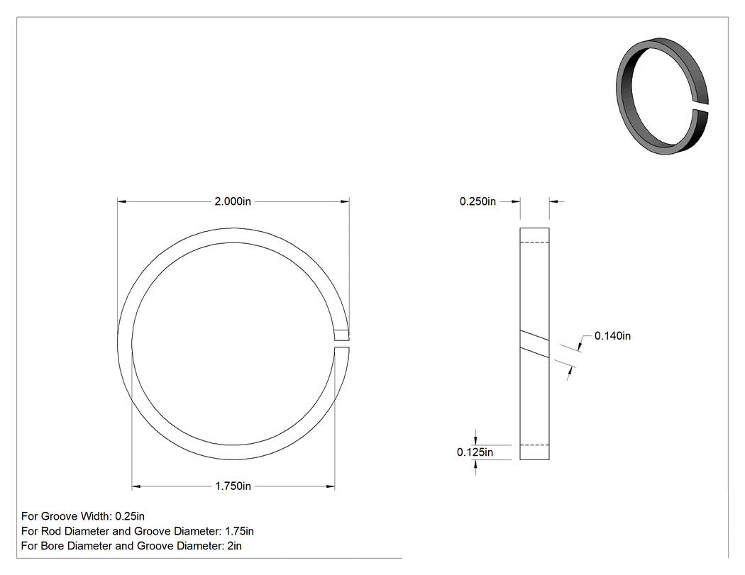 Teknik Çizim - Bronz Dolgulu PTFE Plastik Yüksek Hızlı Aşınma Halkası, 1/4" Oluk Genişliği için, 1.75 inç İç Çap x 2 inç Dış Çap x 0.25 inç Genişlik