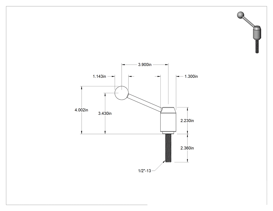 Teknik Çizim - Çelik Ayarlanabilir Tutamak, 1/2"-13 Dişli 2-3/8" Uzunlukta Saplamalı, 4" Çıkıntı
