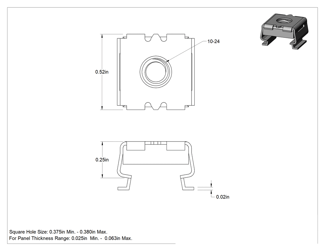Teknik Çizim - Kafes Somun, 10-24 Fosfat Kaplı Çelik, 0.025"-0.063" Kalınlıkta Panel