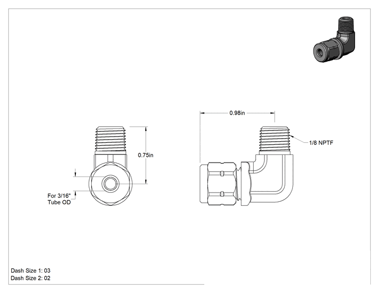 Teknik Çizim - Titreşime Dayanıklı Sıkıştırma Bağlantısı, 3/16" Boru Dış Çapı x 1/8 NPTF Erkek için 90 Derece Dirsek