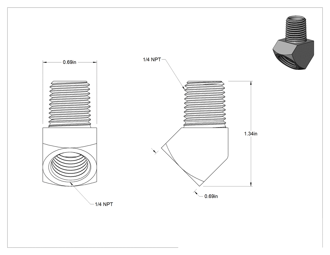 Teknik Çizim - Gres Bağlantı Elemanı, 45 Derece, 1/4 Erkek x 1/4 Dişi NPT
