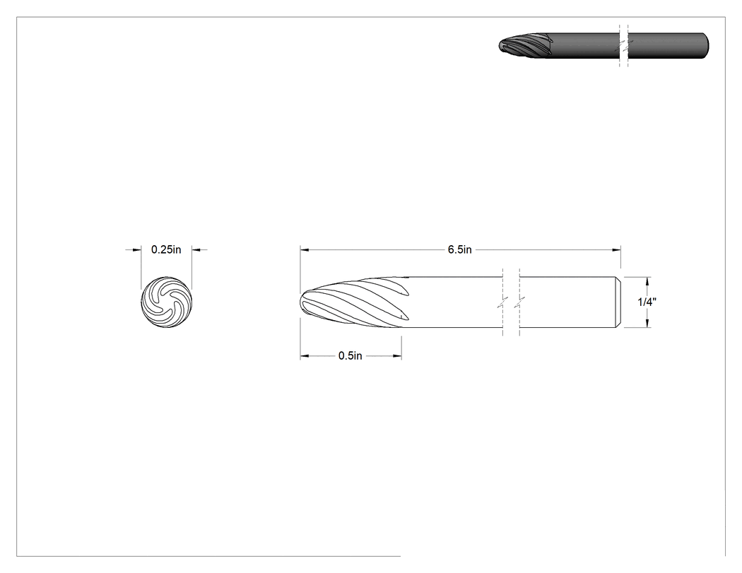 Teknik Çizim - Yumuşak Metaller ve Plastik için Ekstra Uzun Frez, Yuvarlak Ağaç, 1/4" Baş Çapı