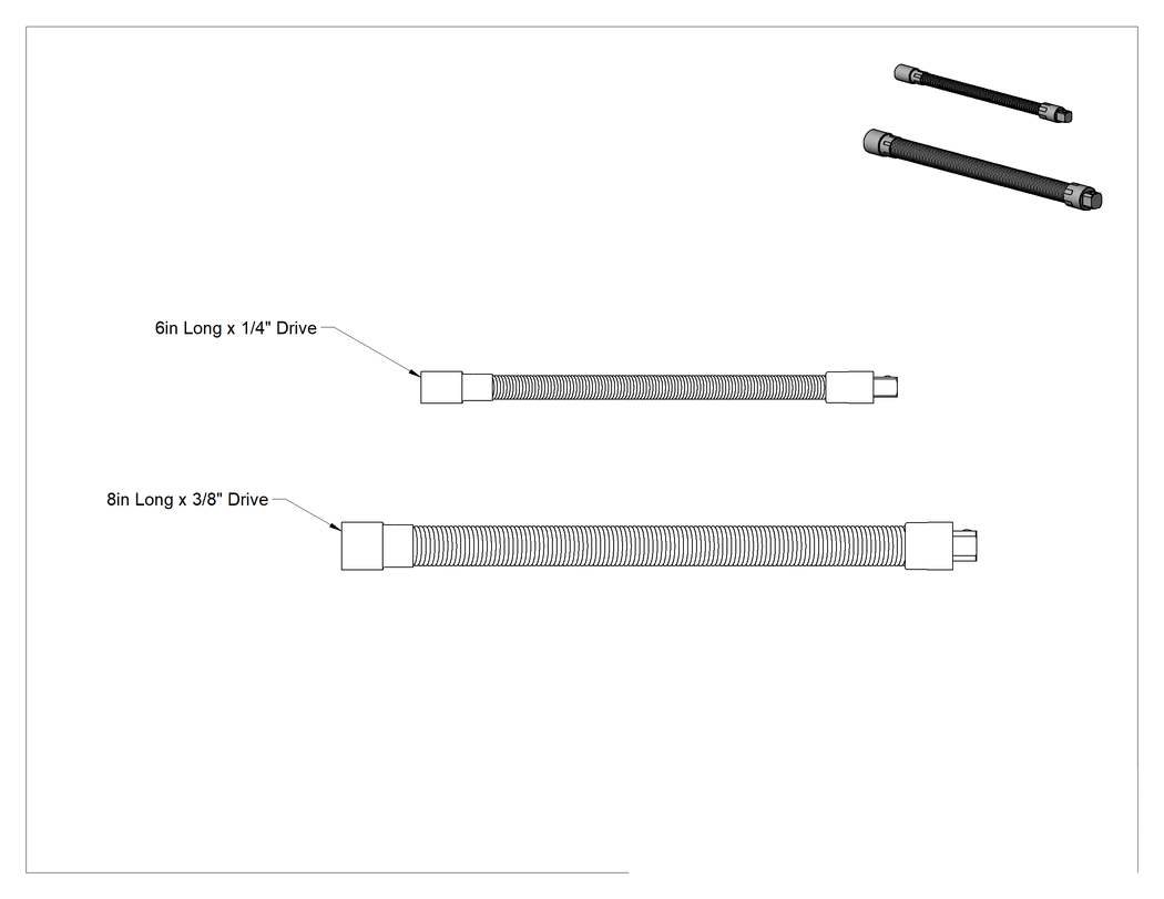 Teknik Çizim - Esnek Soket Uzatma Seti, 2 Parça, 1/4" Kare Tahrik x 6" Uzunluk ve 3/8" Kare Tahrik x 8" Uzunluk