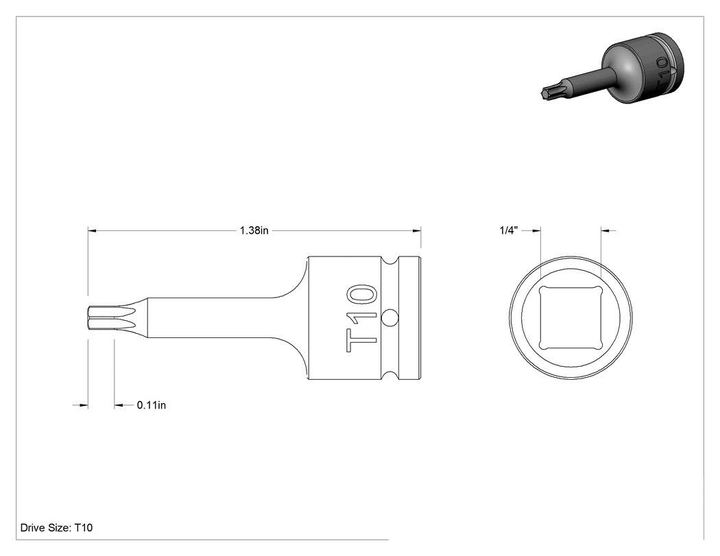 Teknik Çizim - Darbe Torx Uçlu Soket, 1/4" Kare Tahrik, T10 Tahrik Boyutu