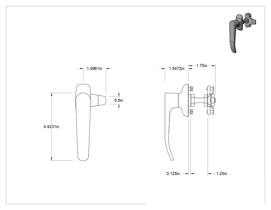 Teknik Çizim - L-Kolu Çok Noktalı Mandal, 5/8" ila 1-1/4" Kilitleme Mesafesi, Saat Yönünde Açılır