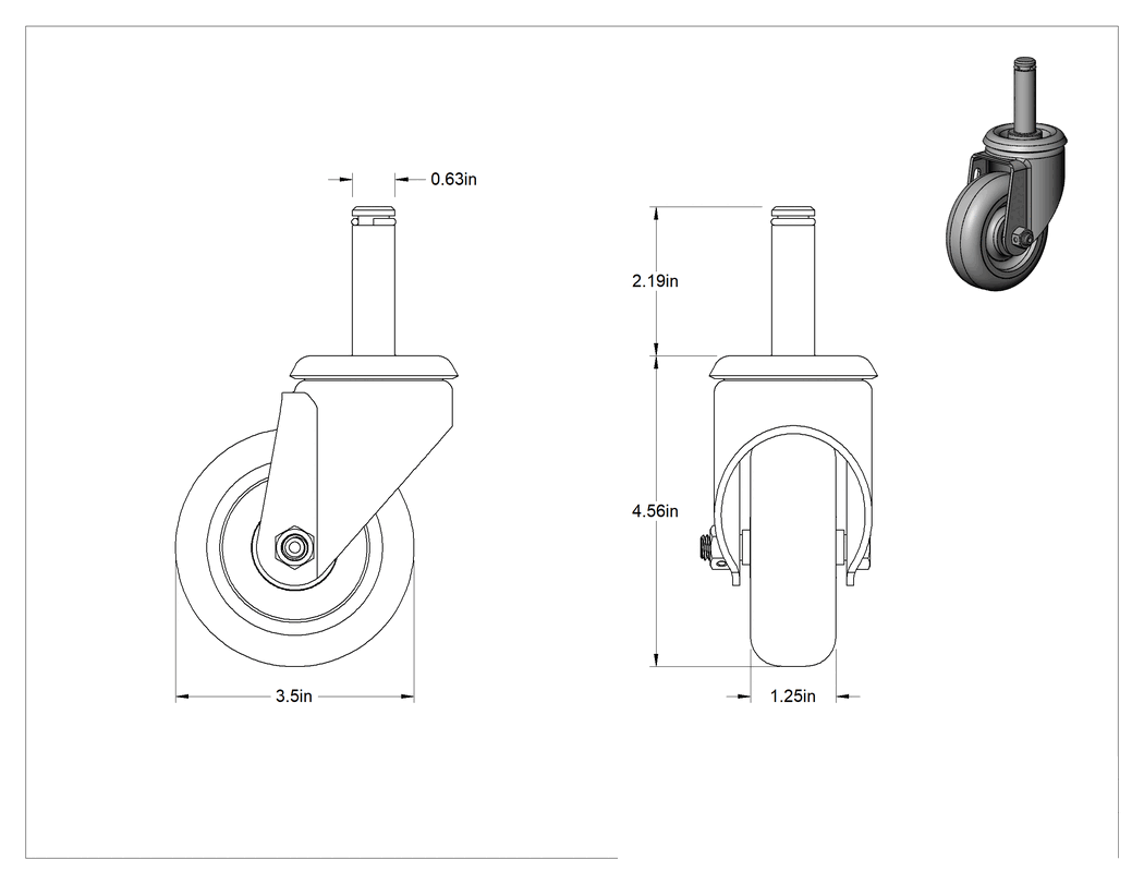 Teknik Çizim - Sürtünmeli Tutuşlu Mil Dönüşlü Tekerlek, 3-1/2" Çaplı Poliüretan Tekerlekli