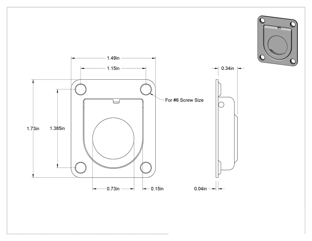 Teknik Çizim - Montaj Plakalı Gömme Katlanır Çekme Kolu, Parlatılmış 304 Paslanmaz Çelik, 1" Çıkıntı