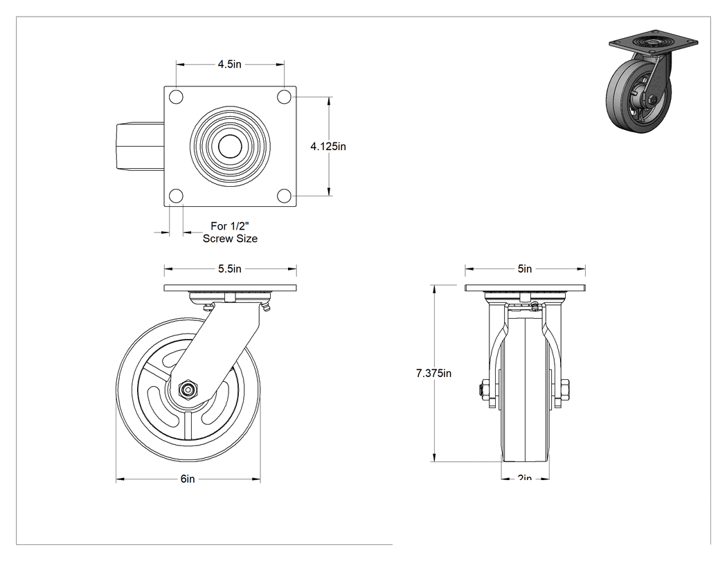 Teknik Çizim - 5-1/2" x 5" Montaj Plakalı Tekerlek, Samson, 6 inç Çapında Siyah Kauçuk Tekerlekli Döner Ayak
