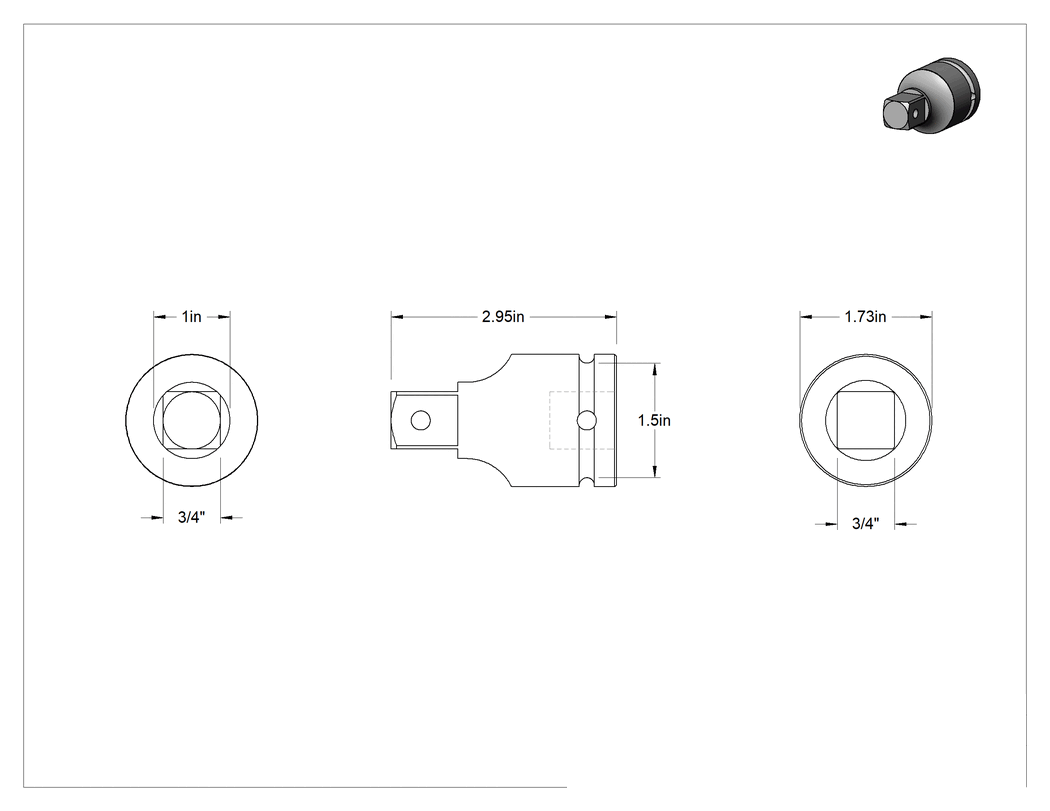 Teknik Çizim - 3/4" Kare Tahrikli Darbeli Lokma Uzatma, 3" Uzunluk