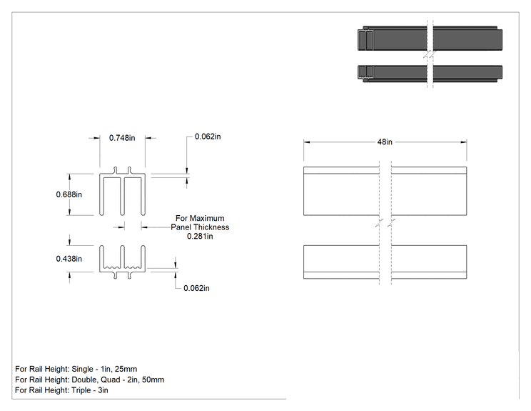 Teknik Çizim - T-Yivli Çerçeve, 1" ve 25 mm Yüksekliğinde Tek Ray için Panel Rayı, Siyah