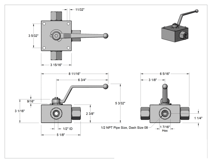 Teknik Çizim - Yön Kontrolü Hat Üstü Hidrolik Valf, 1/2 NPT Bağlantı, 08 Çizgi Boyutu