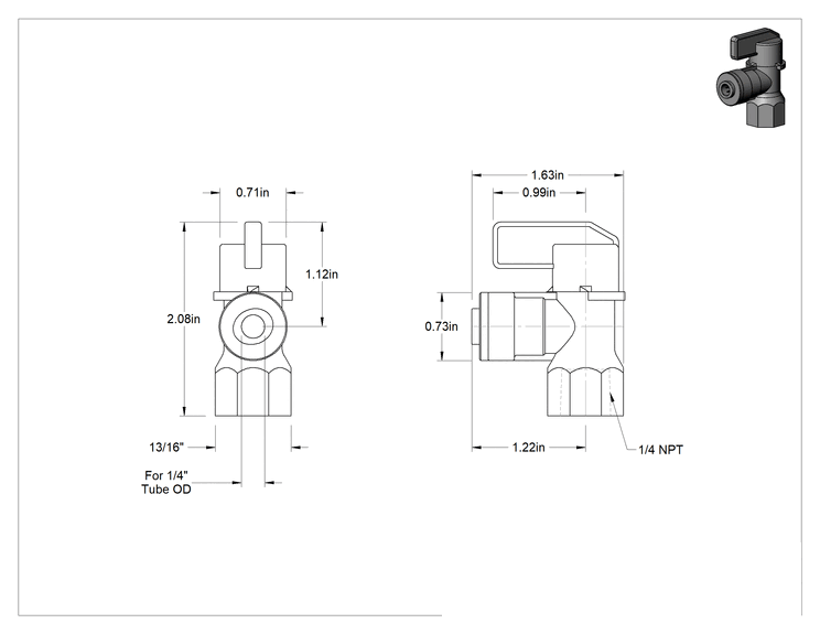 Teknik Çizim - Beyaz Dirsek Açma/Kapama Vanası, 1/4 NPT, 1/4" Boru Dış Çapı