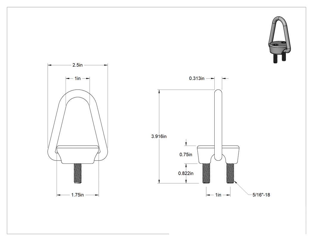 Teknik Çizim - Dönmeyen Kaldırma Halkası, 2 Montaj Deliği Olan Üçgen, 5/16"-18 Diş Boyutu