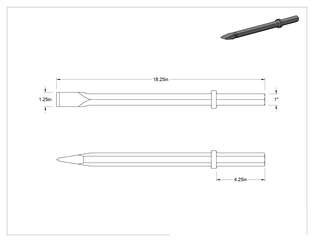 Teknik Çizim - Kaldırım Kırıcı Çekiçler için Keski Ucu, 1" Altıgen Şaft, 1-1/4" Genişlik, Düz Bıçak, 18-1/4" Toplam Uzunluk