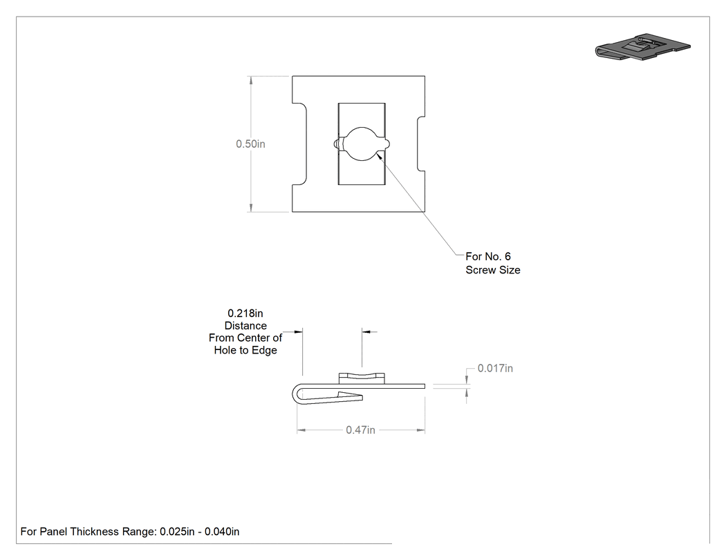 Teknik Çizim - Siyah Fosfat Kaplı Çelik Klipsli Somunlar, Düşük Profilli, 6 Numara Vida, 0.025" - 0.04" Panel Kalınlığı