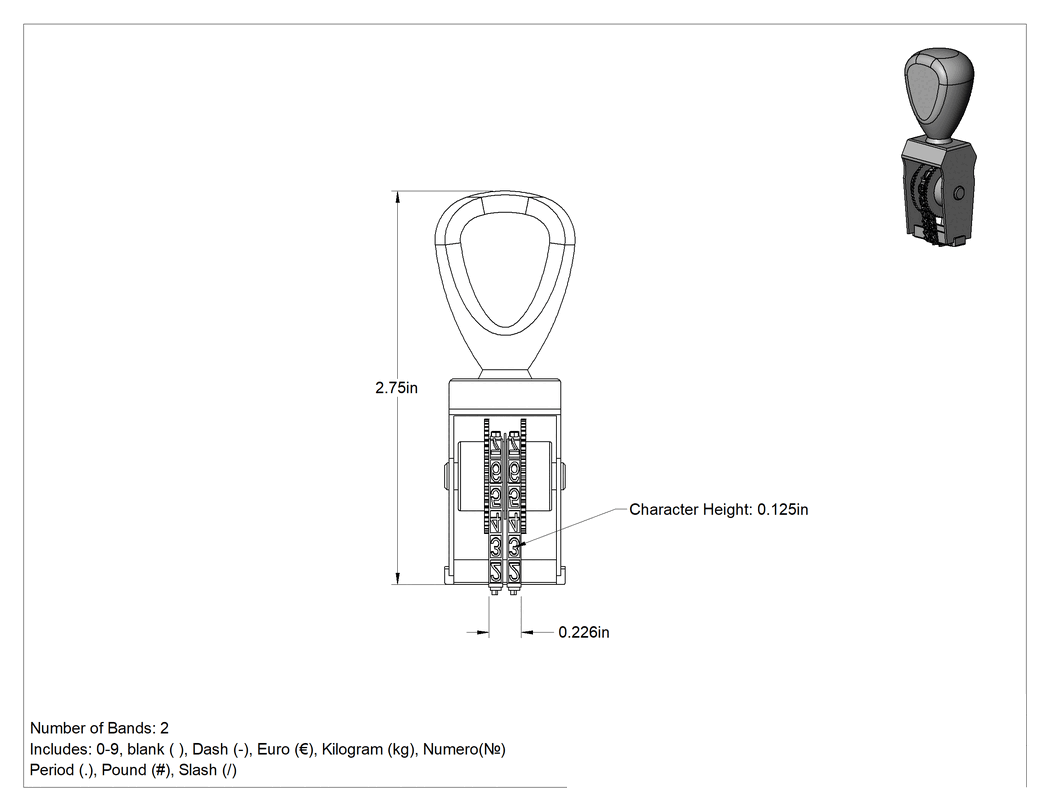 Teknik Çizim - Dönen Numara Damgası, 1/8" Karakter Yüksekliği, 2 Bant