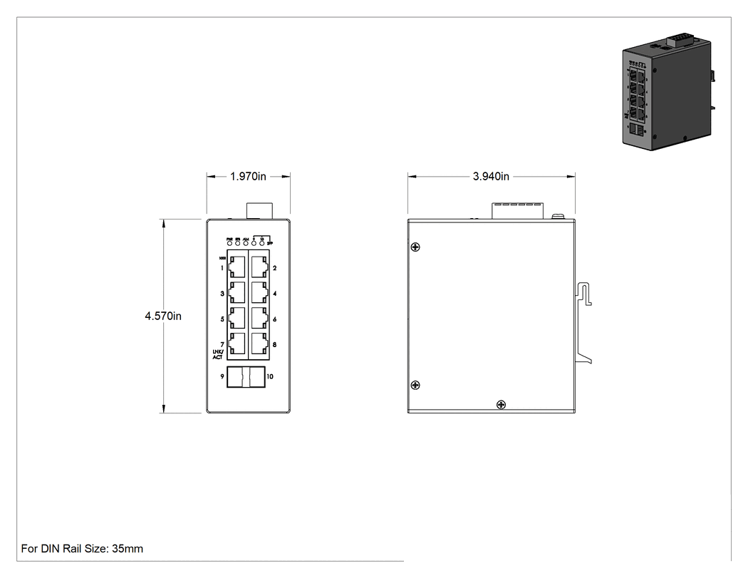 Teknik Çizim - Cihaz Öncelikli Ethernet Anahtarı, 2 adet Sfp Soket ve 8 adet RJ45 Soketli, DIN Rayı Montajı