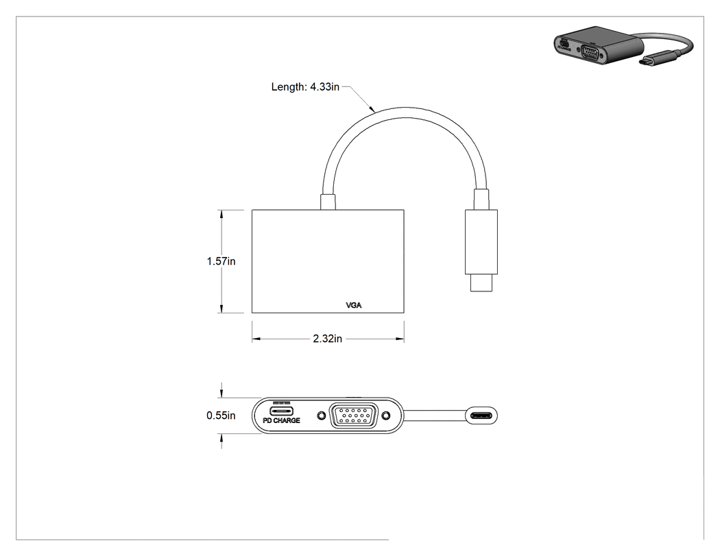 Teknik Çizim - USB Adaptör Kablosu, C Fişi x C Soketi/HD15 Soketi, 4-1/2" Uzunluk