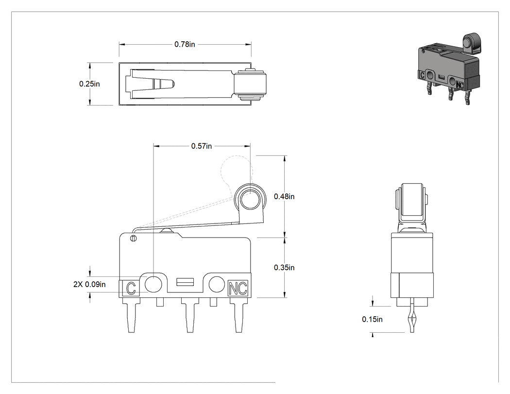 Teknik Çizim - Subminyatür Anında Çalışan Anahtar, Makara Kolu, Lehimli Pim Terminalleri, 0.1A @ 125V AC