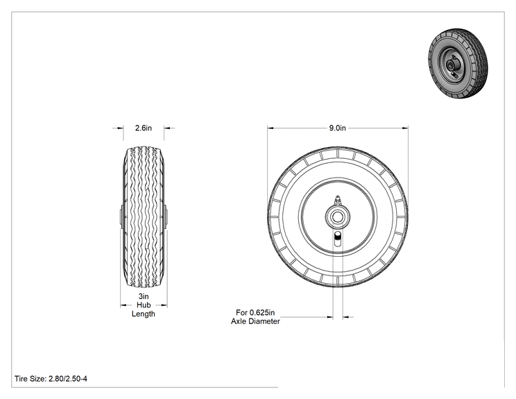 Teknik Çizim - Çelik Göbekli Pnömatik Tekerlek, Merkez Montajlı Hub, Rulman, 5/8" Aks için, 9" Çap