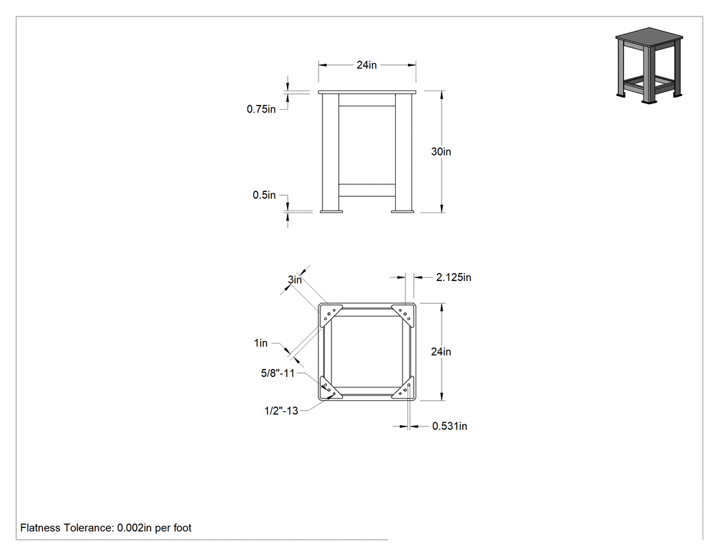 Teknik Çizim - Ultra Düz Ekstra Ağır Hizmet Masası, 30" Yükseklik x 24" Genişlik x 24" Derinlik