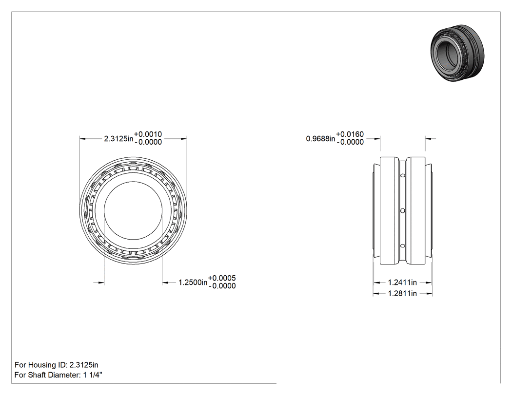 Teknik Çizim - Yüksek Yük Konik Masuralı Rulmanlar, Anma Numarası 08125/08231D, 1-1/4" Mil Çapı için