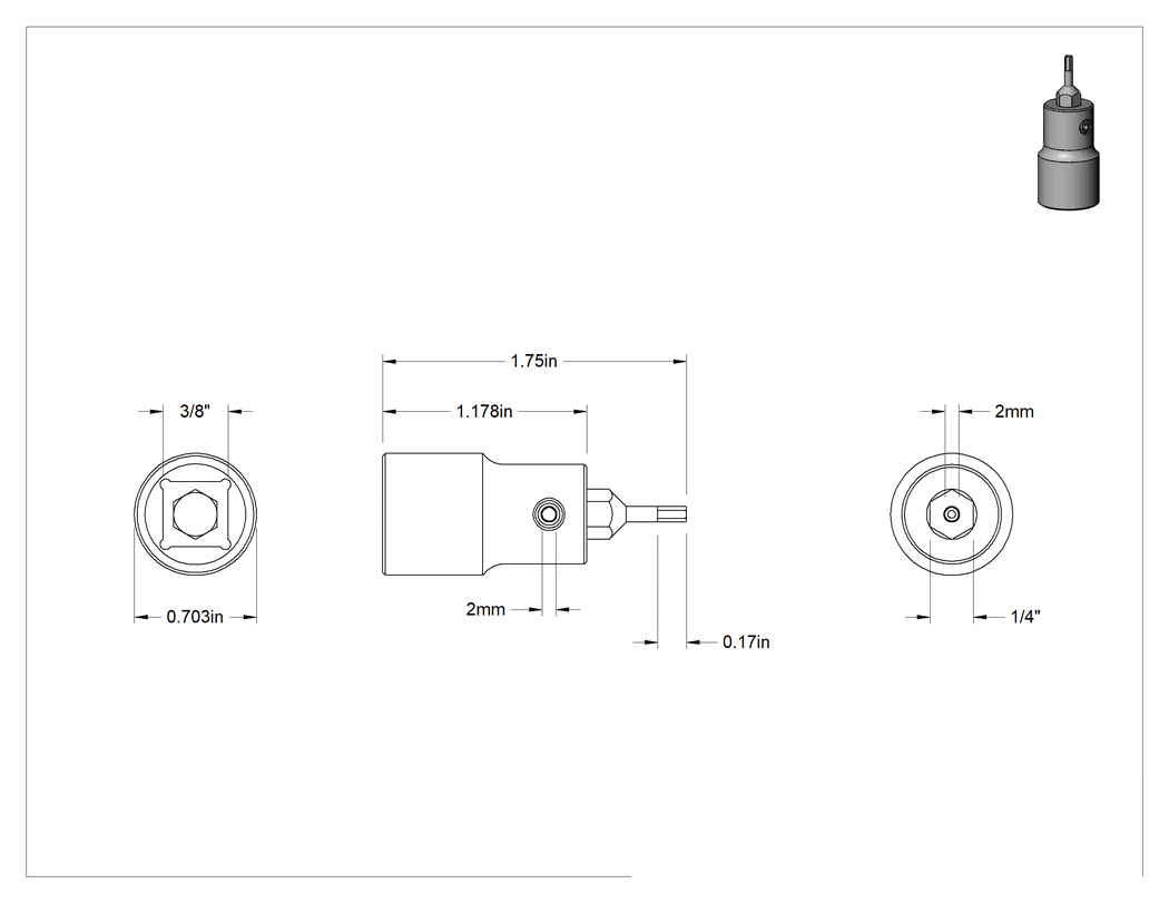 Teknik Çizim - Kurcalamaya Dayanıklı Altıgen Uçlu Soket, 3/8" Kare Tahrik, 2 mm Boyut, 1-3/4" Toplam Uzunluk
