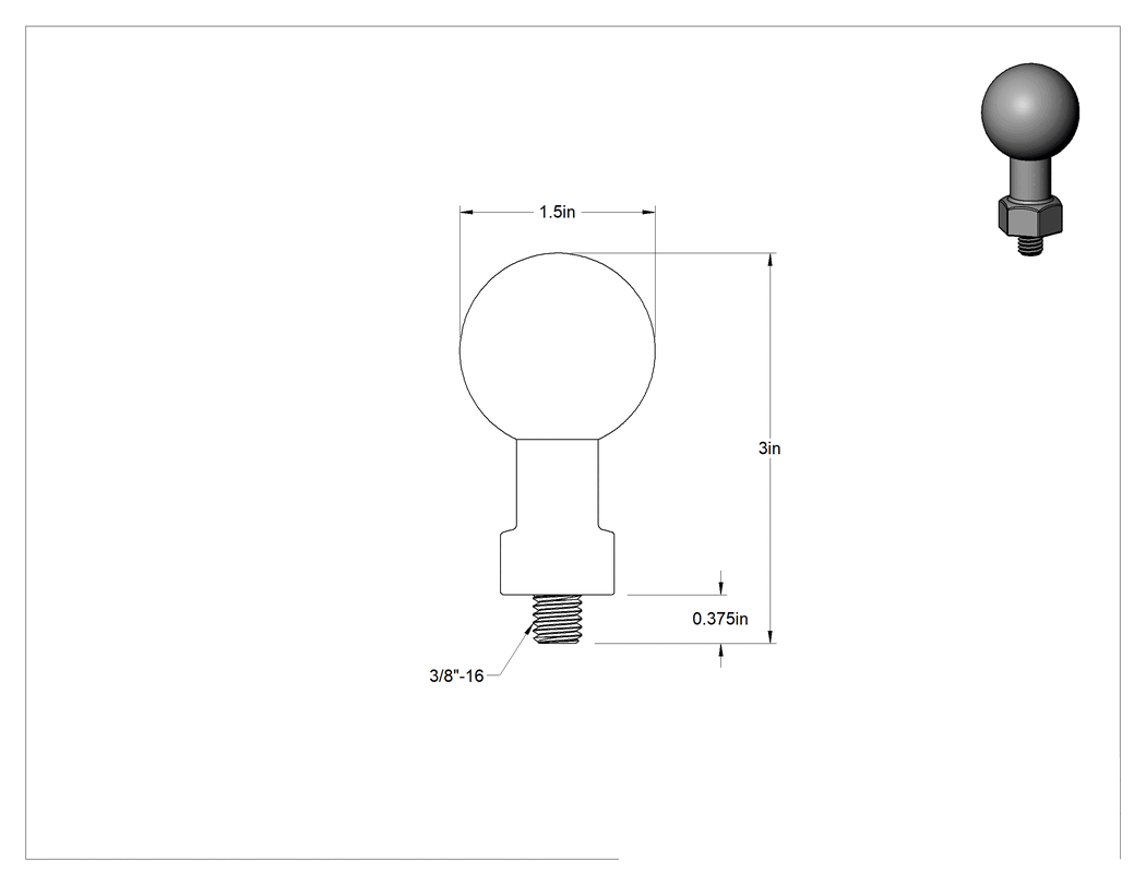 Teknik Çizim - Bilyalı Tutma Konumlandırma Kolu için 3/8"-16 Dişli Saplama Tabanı