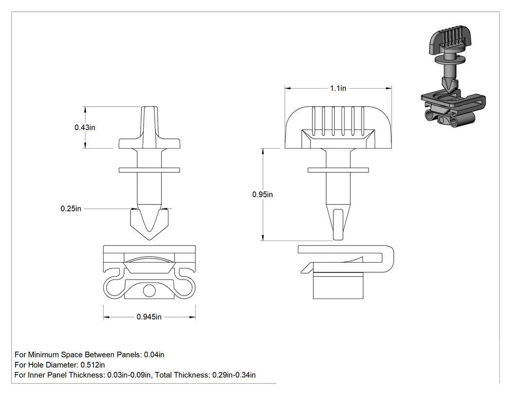 Teknik Çizim - Asetal Çeyrek Dönüşlü Sabit Panel Vidası, Klipsli Somunlu, Kanat Başlığı, 0.29"-0.34" Toplam Kalınlık için