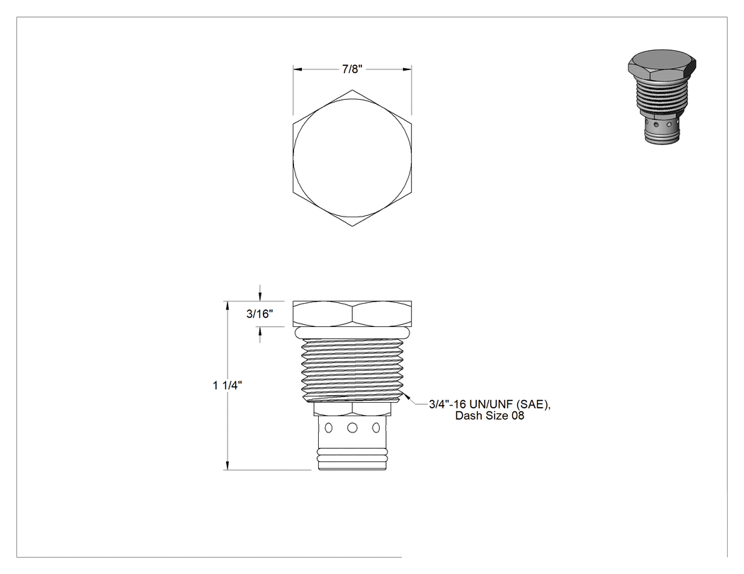 Teknik Çizim - Vidalı Hidrolik Çekvalfleri, 3/4"-16 Diş