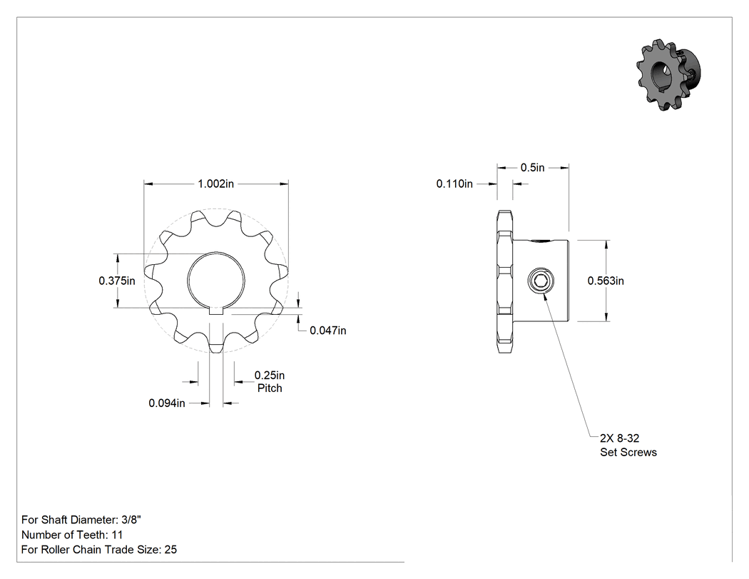 Teknik Çizim - Çelik Tek Sıralı Dişli, ANSI 25 Makaralı Zincir ve 3/8" Mil Çapı için, 11 Diş