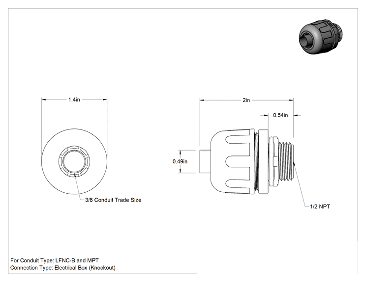 Teknik Çizim - Sıvı Geçirmez Esnek Plastik Kanal Adaptörü, Düz, 3/8 Geçmeli Dişi x 1/2 NPT Erkek, Siyah