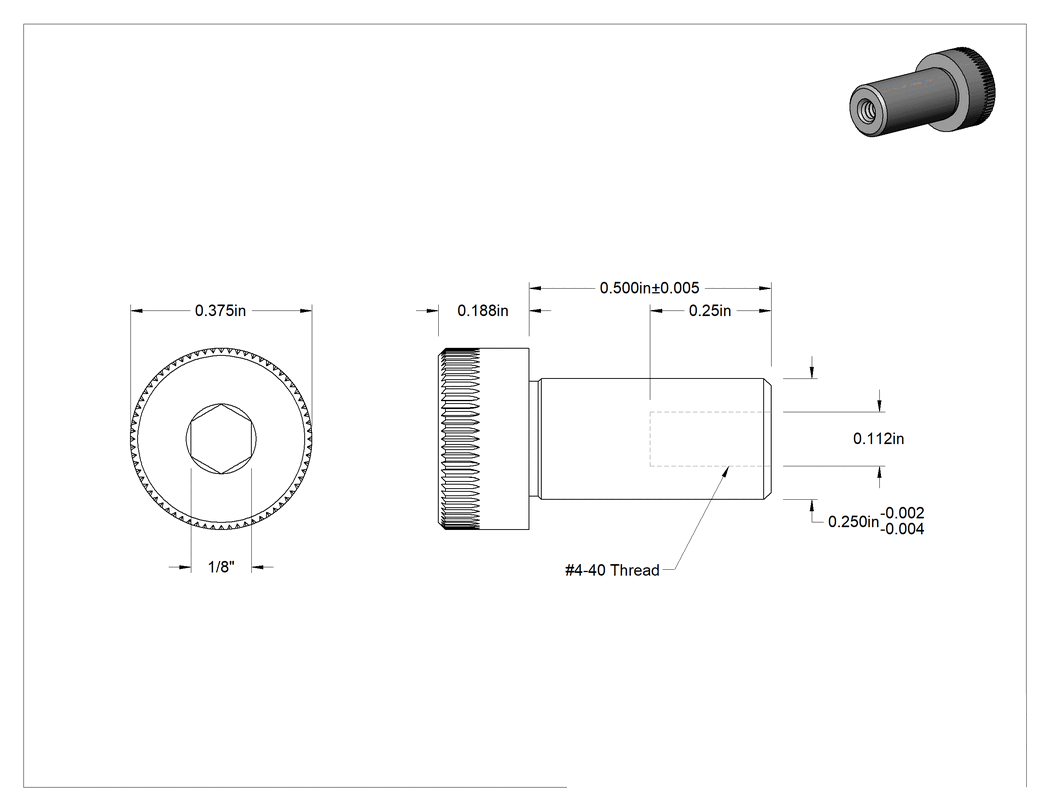 Teknik Çizim - 18-8 Paslanmaz Çelik İçten Dişli Omuz, 1/4" Omuz Çapı, 1/2" Omuz Uzunluğu, 4-40 Diş