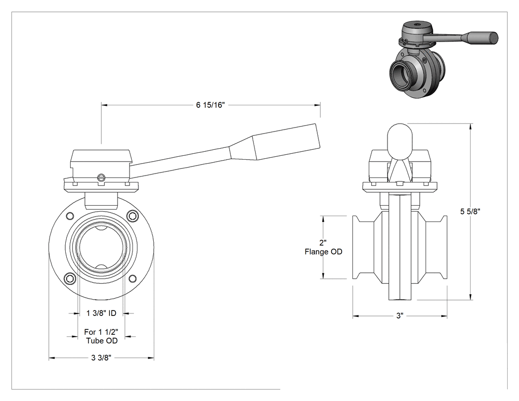 Teknik Çizim - 304 Paslanmaz Çelik Akış Ayar Valfi, Yiyecek ve İçecek, Hızlı Sıkıştırmalı Uçlar, Silikon Yuvası, 1-1/2" Boru Dış Çapı