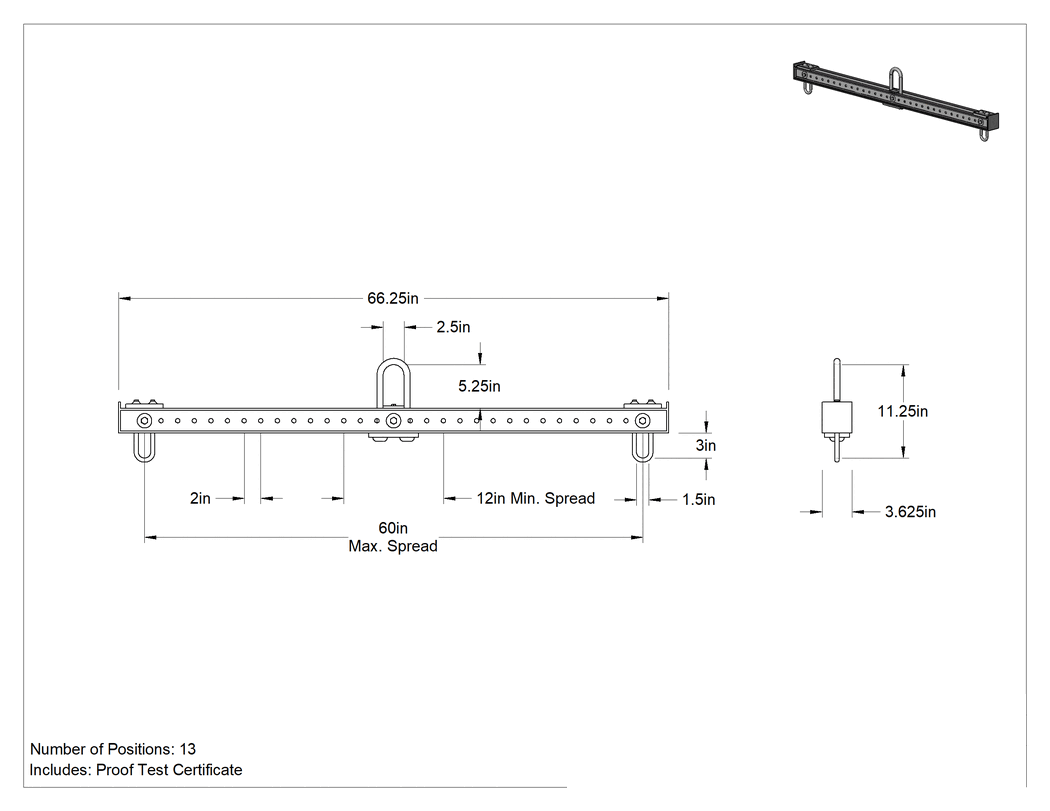 Teknik Çizim - Braketli Çelik Kaldırma Kirişi, 1500 lbs. Kapasite, 12" ila 60" Açıklık