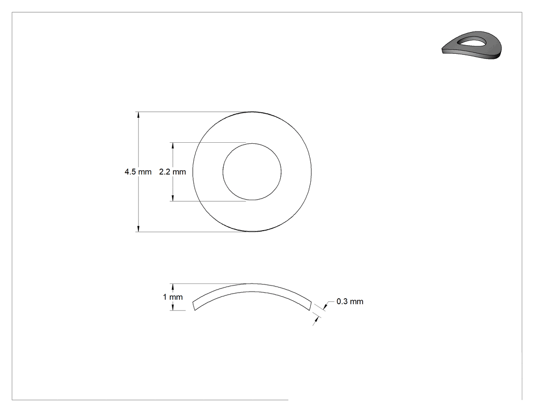 Teknik Çizim - 18-8 Paslanmaz Çelik Kavisli Yaylı Kilit Pulları, M2 Vida Boyutu için, 2.2 mm İç Çap, 4.5 mm Dış Çap