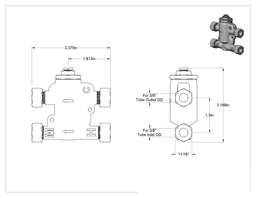 Teknik Çizim - Sıkıştırma Bağlantı Elemanlı Karıştırma Vanası, İçme Suyu için, 3/8" Boru Dış Çapı için
