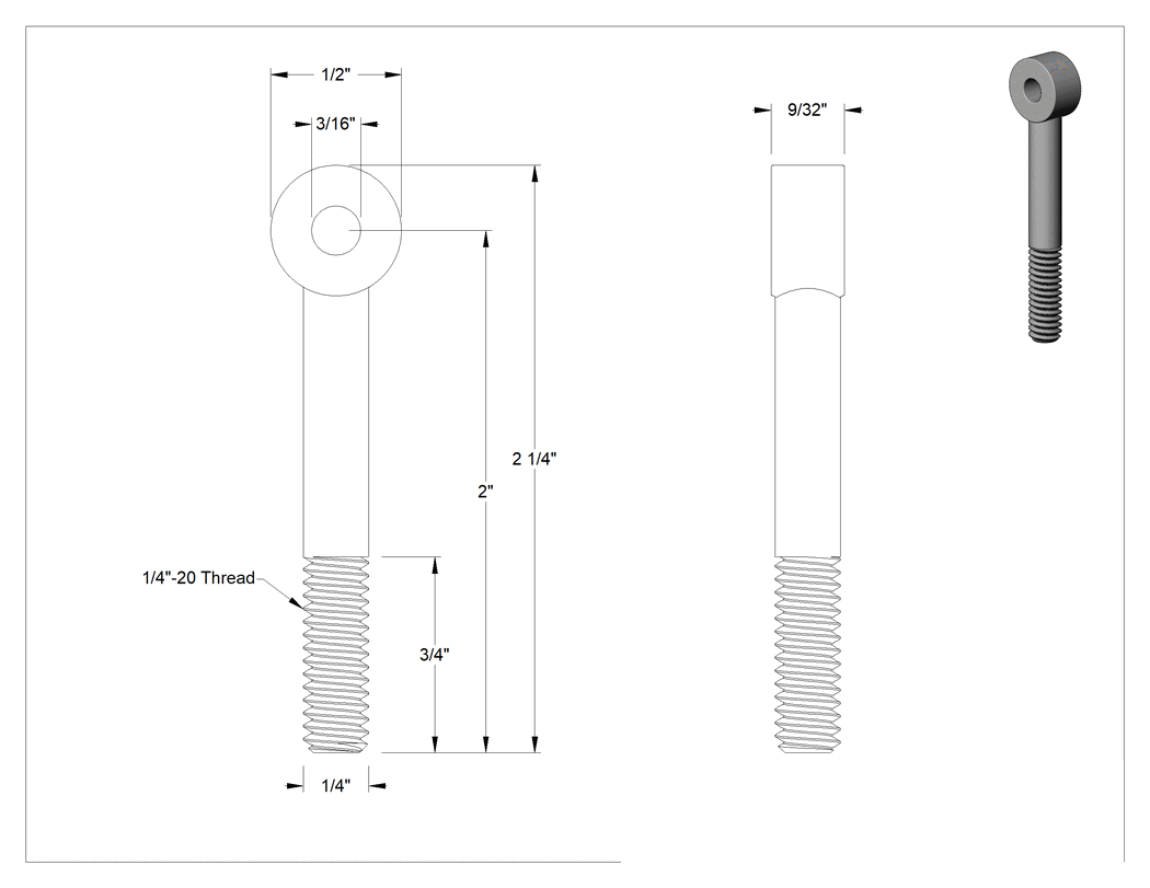 Teknik Çizim - Sol Kısmen Gijon Ucu Cıvatası, 1/4"-20 Diş, 3/16" İç Çap, 2" Şaft Merkez Uzunluğu