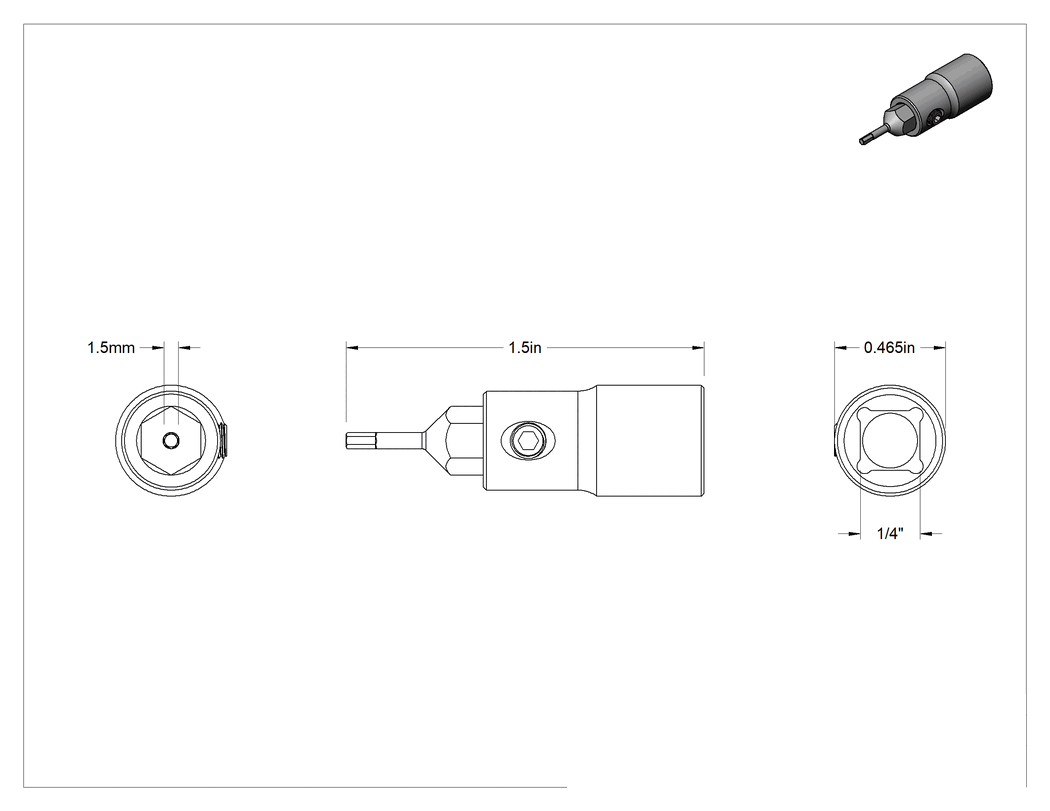 Teknik Çizim - Altıgen Uçlu Soket, 1/4" Kare Tahrik, 1.5 mm Tahrik Boyutu