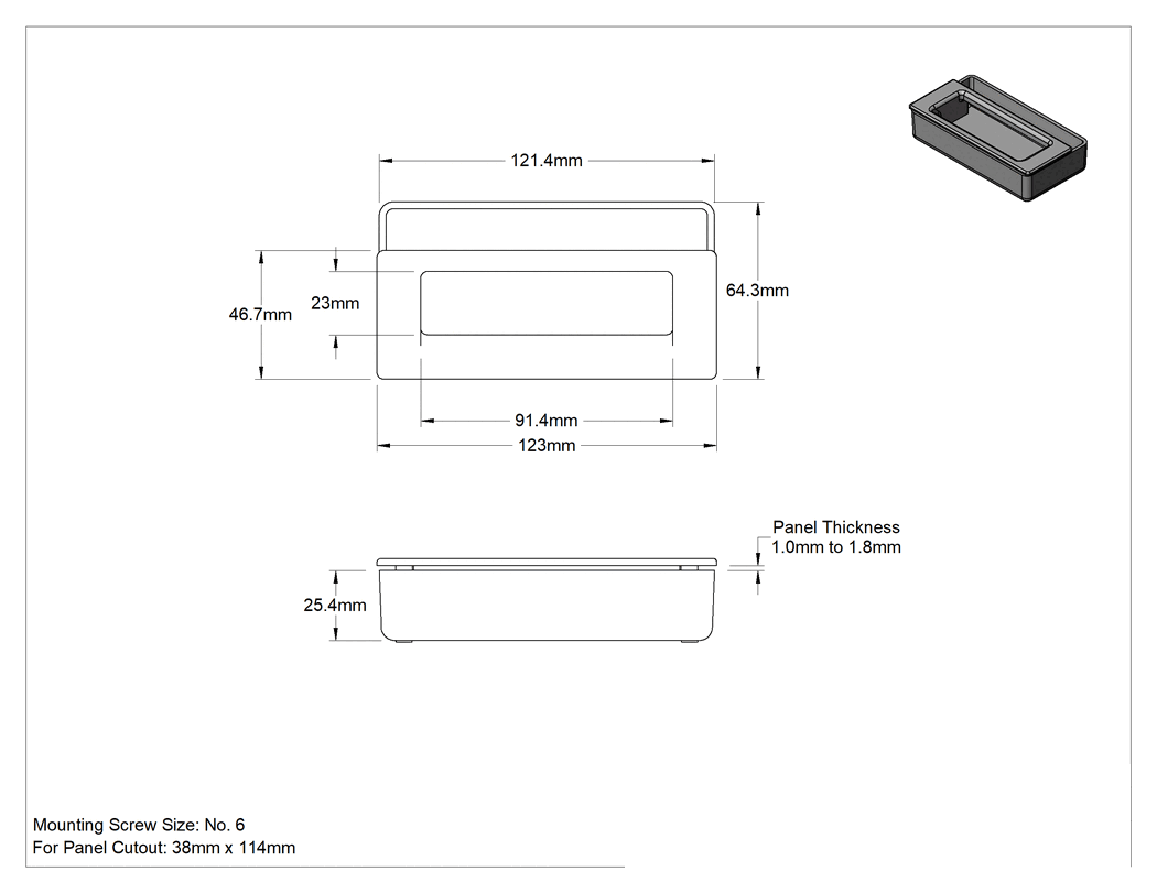 Teknik Çizim - Gömme Çekme Kolu, Siyah ABS, 1-1.8 mm Panel Kalınlığı için