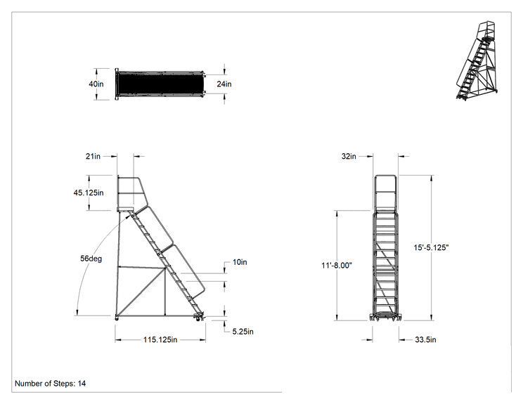 Teknik Çizim - Montajlanmamış Tırtıklı Platformlu Tekerlekli Merdiven, 14 kademeli, 11'8" Yükseklik x 21" Derinlik Platform, 40" Toplam Genişlik