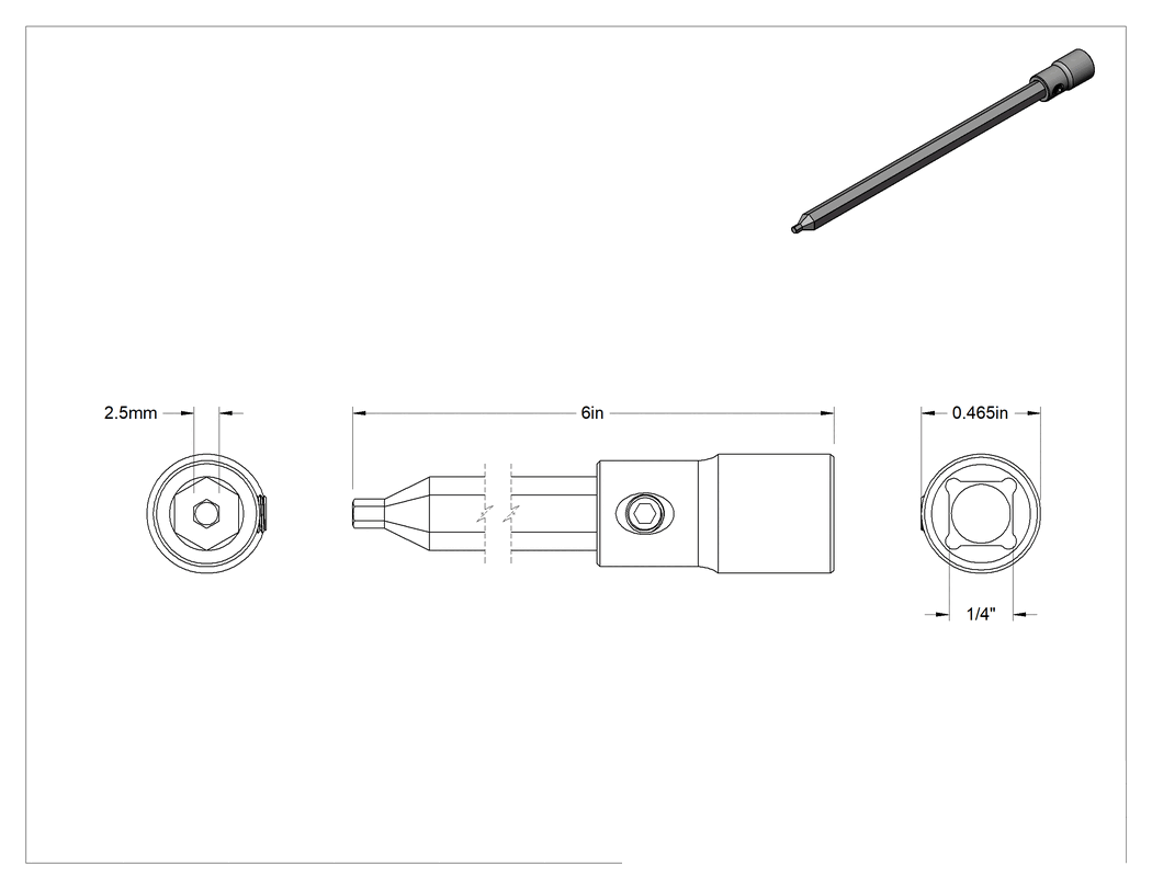 Teknik Çizim - Altıgen Uçlu Soket, Uzatılmış Menzil, 1/4" Kare Tahrik, 2.5 mm Tahrik Boyutu, 6 inç Uzunluk