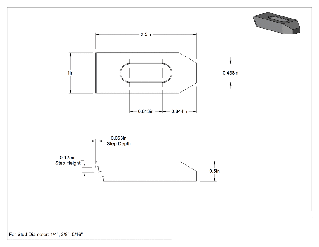 Teknik Çizim - Basamak Kurulum Kelepçesi, 1/4", 5/16 inç ve 3/8 inç Çapında Saplamalar, 2-1/2" Uzunluk