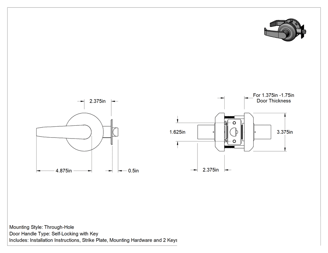 Teknik Çizim - Sargent 6500 Kapı Kolu, LA Yiv, Kendinden Kilitlenen, 2-3/8" Boğaz Mesafesi