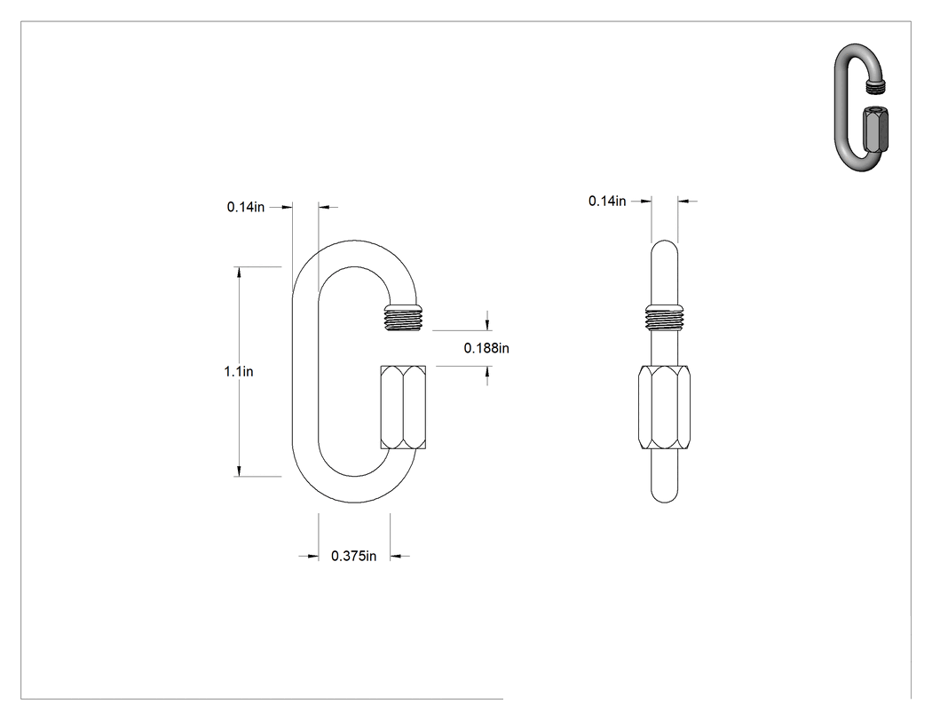 Teknik Çizim - Oval Hızlı Bağlantı, Çinko Kaplı Çelik, 1/8" Kalınlık, 3/16" Açıklık, Kaldırma Amaçlı Değildir
