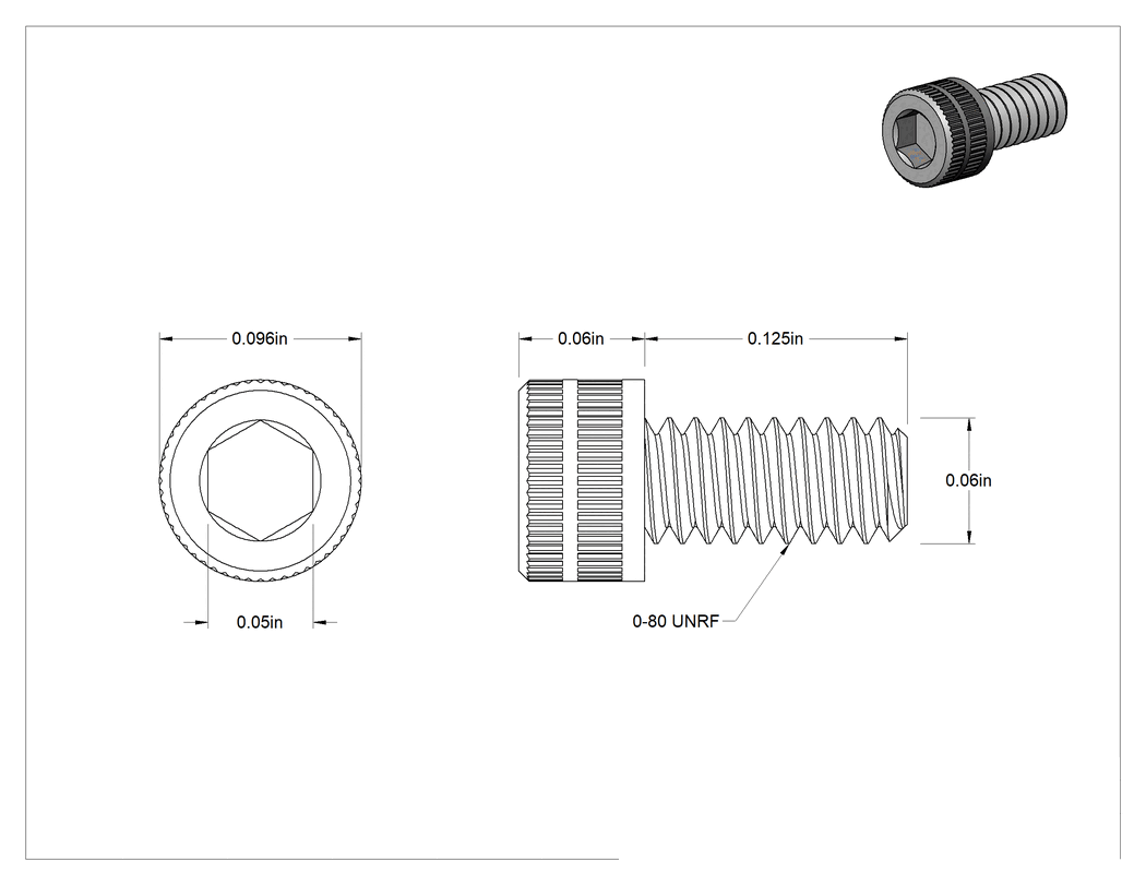 Teknik Çizim - Mil. Spec. 18-8 Paslanmaz Çelik Alyan Başlı Vida, 0-80 Diş Boyutu, 1/8" Uzunluk