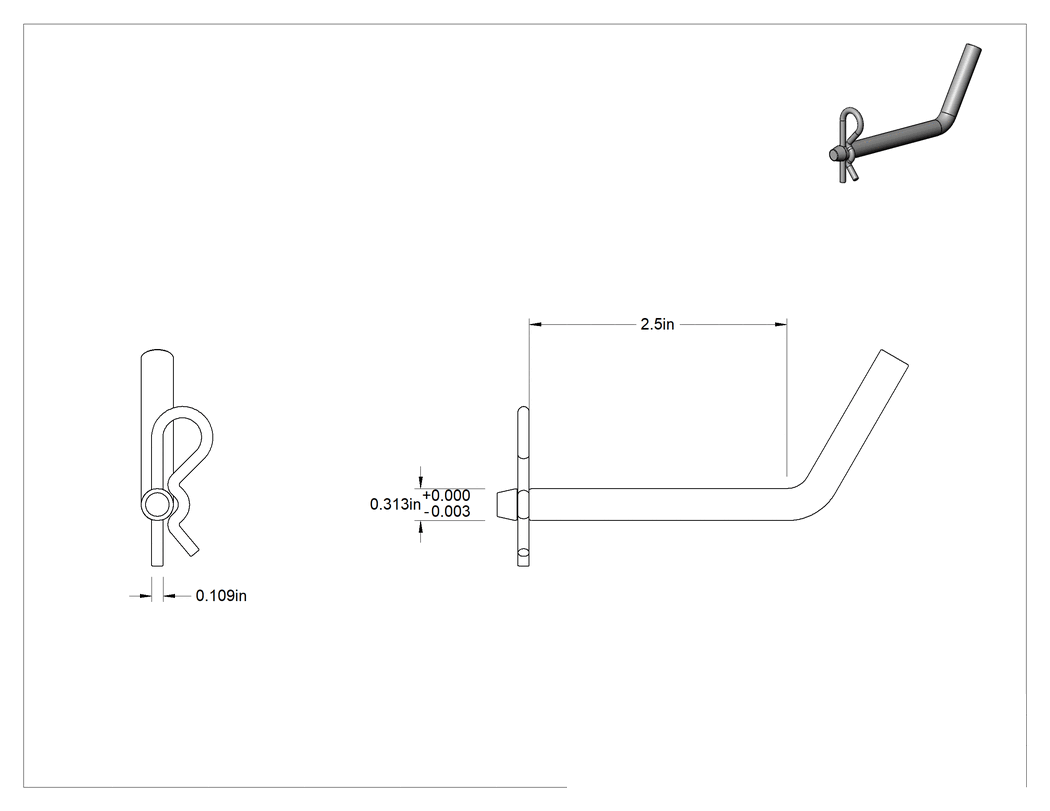 Teknik Çizim - Çinko Kaplı Karbon Çelik Eğri Başlı Çatal Pim, Kopilyalı, 5/16" Çap, 2-1/2" Kullanılabilir Uzunluk