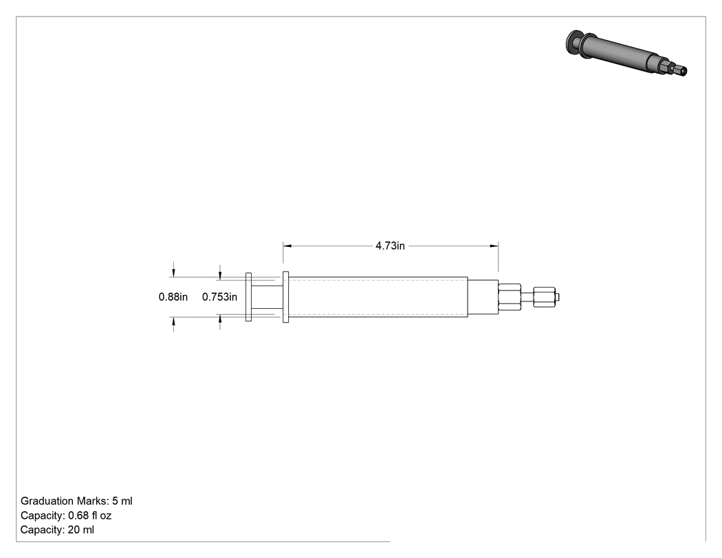 Teknik Çizim - Paslanmaz Çelik Şırınga, Luer Lock Bağlantılı, 20 ml Kapasite