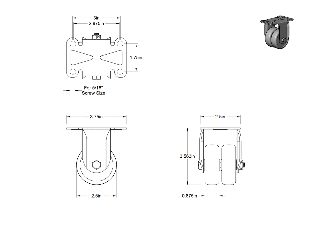 Teknik Çizim - Cart-King Tekerlek, Sabit, 2-1/2" Çaplı 70A Durometre Tekerlek, Kovan Yatağı