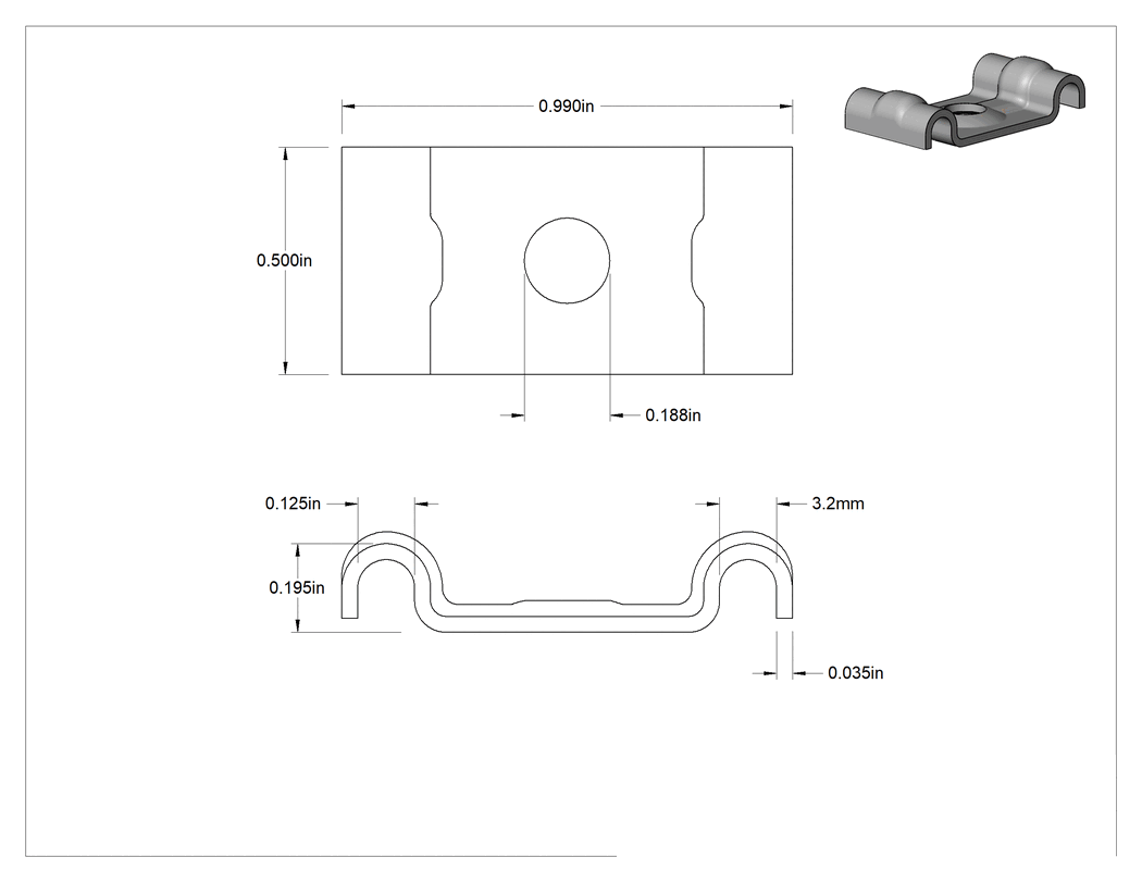 Teknik Çizim - İki Hatlı Yönlendirme Kelepçesi, Çinko Kaplı Çelik, 1/8" İç Çap